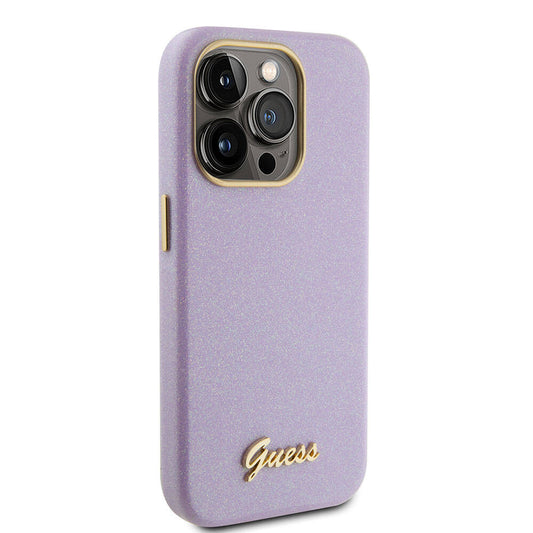 Apple iPhone 15 Pro Max Case Guess Original Licensed Glitter Glossy Script Cover with Logo Lilac