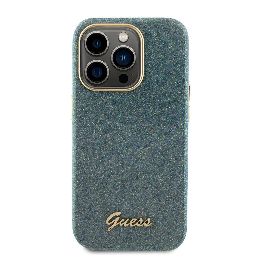 Apple iPhone 15 Pro Max Case Guess Original Licensed Glitter Glossy Script Cover Gray with Text Logo