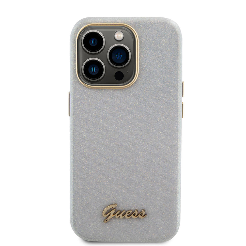 Apple iPhone 15 Pro Max Case Guess Original Licensed Glitter Glossy Script Cover Gray with Text Logo