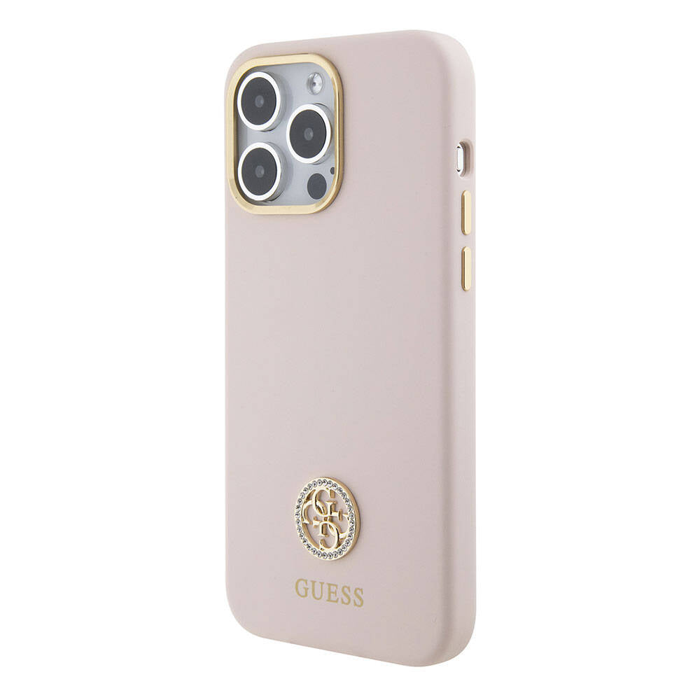 Apple iPhone 15 Pro Max Case Guess Original Licensed Writing and Stone 4G Logo Metal Camera Frame Silicone Cover Pink