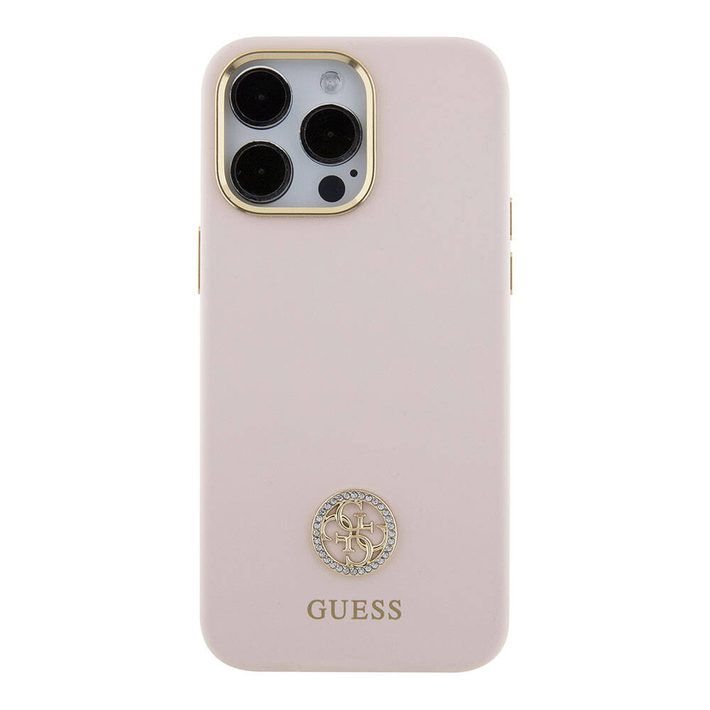 Apple iPhone 15 Pro Max Case Guess Original Licensed Writing and Stone 4G Logo Metal Camera Frame Silicone Cover Pink