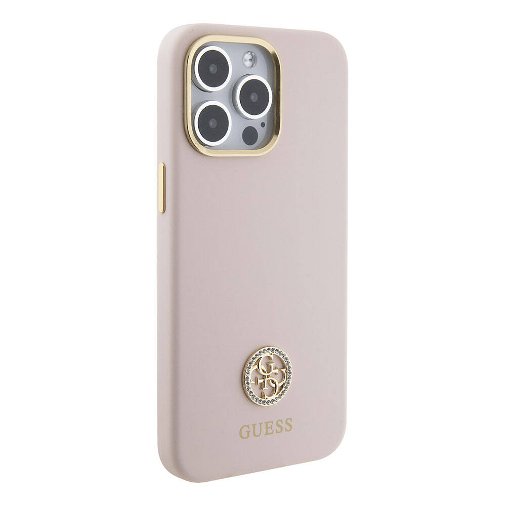 Apple iPhone 15 Pro Max Case Guess Original Licensed Writing and Stone 4G Logo Metal Camera Frame Silicone Cover Pink