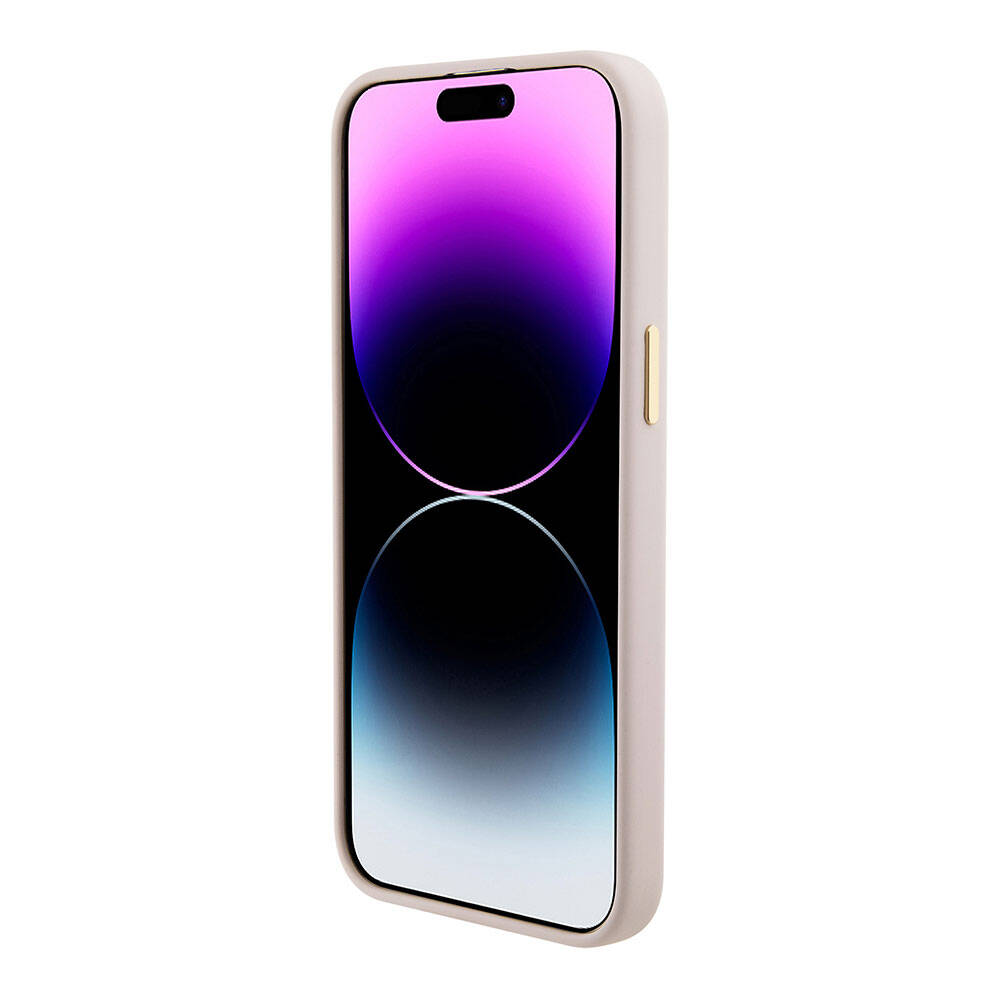 Apple iPhone 15 Pro Max Case Guess Original Licensed Writing and Stone 4G Logo Metal Camera Frame Silicone Cover Pink