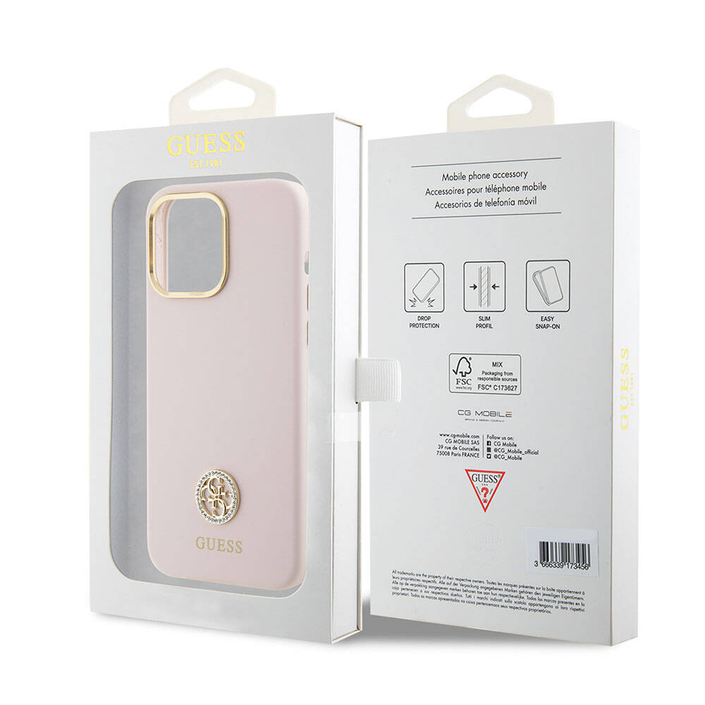 Apple iPhone 15 Pro Max Case Guess Original Licensed Writing and Stone 4G Logo Metal Camera Frame Silicone Cover Pink