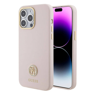 Apple iPhone 15 Pro Max Case Guess Original Licensed Writing and Stone 4G Logo Metal Camera Frame Silicone Cover Pink