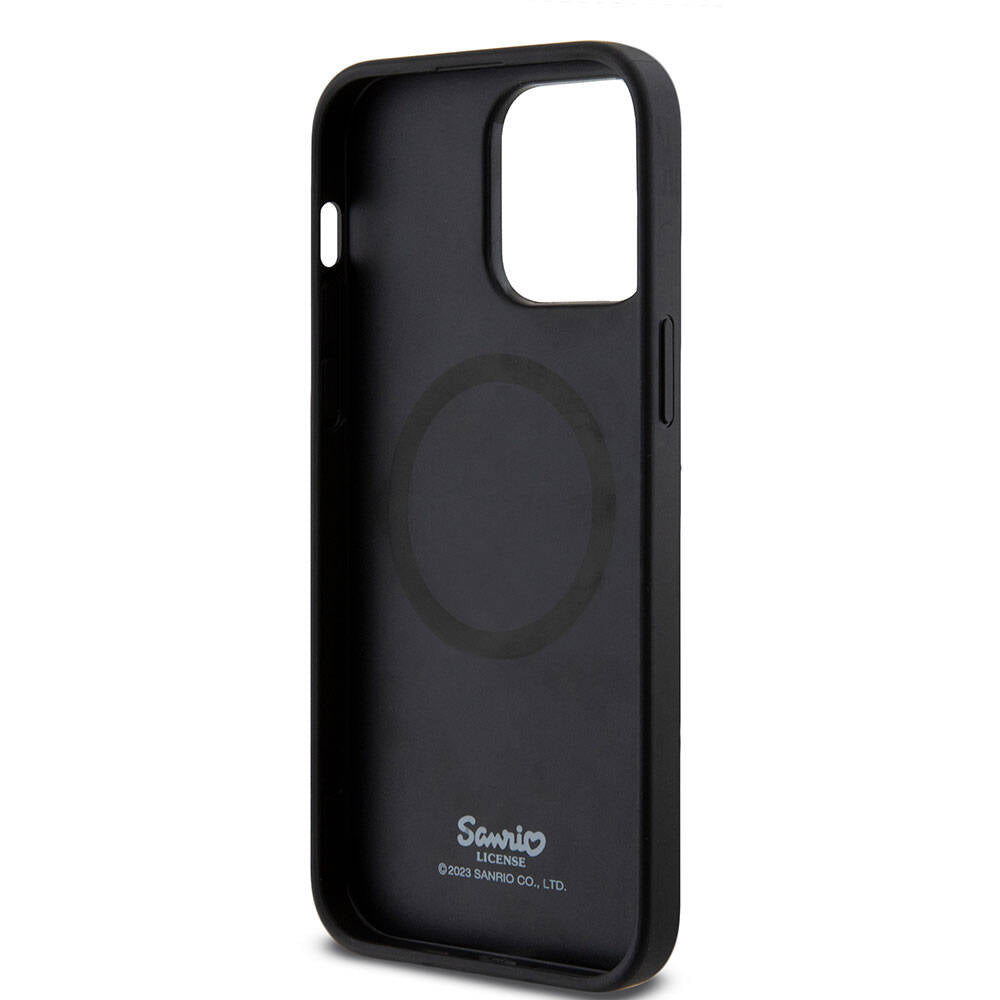 Apple iPhone 15 Pro Max Kılıf Hello Kitty Orjinal Lisanslı M-safe Şarj Özellikli Kitty Head Deri Kapak Siyah