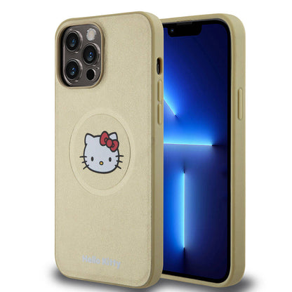 Apple iPhone 15 Pro Max Kılıf Hello Kitty Orjinal Lisanslı M-safe Şarj Özellikli Kitty Head Deri Kapak Gold