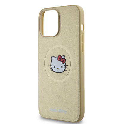 Apple iPhone 15 Pro Max Kılıf Hello Kitty Orjinal Lisanslı M-safe Şarj Özellikli Kitty Head Deri Kapak Gold