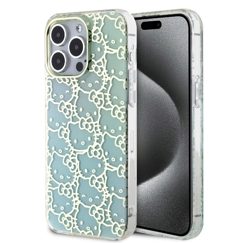 Apple iPhone 15 Pro Max Kılıf Hello Kitty Orjinal Lisanslı Renk Geçişli Elektroplating Kaplama Kitty Head Desenli Kapak Pembe