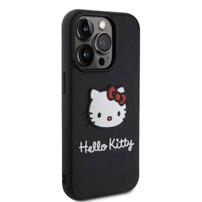 Apple iPhone 15 Pro Max Kılıf Hello Kitty Orjinal Lisanslı Yazı ve İkonik Logolu 3D Rubber Kitty Head Kapak Siyah