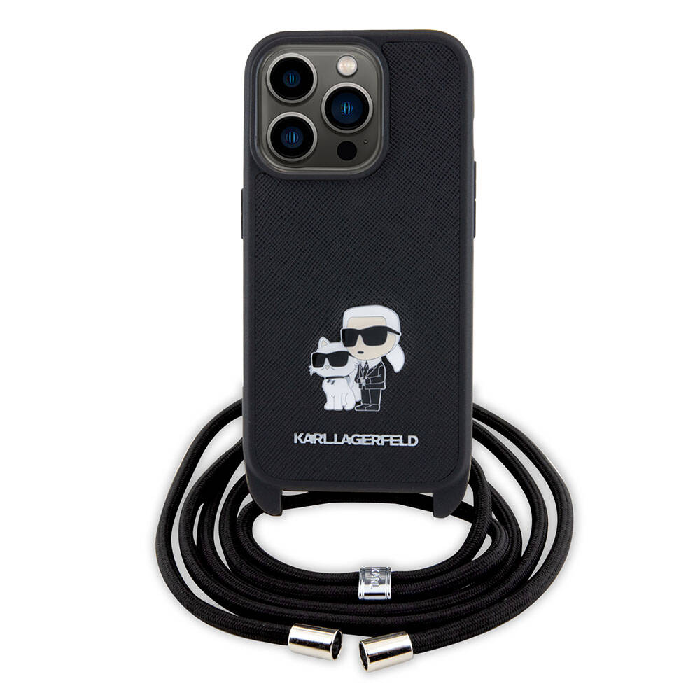 Apple iPhone 15 Pro Max Kılıf Karl Lagerfeld Askı İpli K&C Metal Logo Orjinal Lisanslı Kapak Siyah