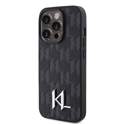 Apple iPhone 15 Pro Max Kılıf Karl Lagerfeld Hot Stamp K&L Metal Logo Orjinal Lisanslı Kapak Siyah