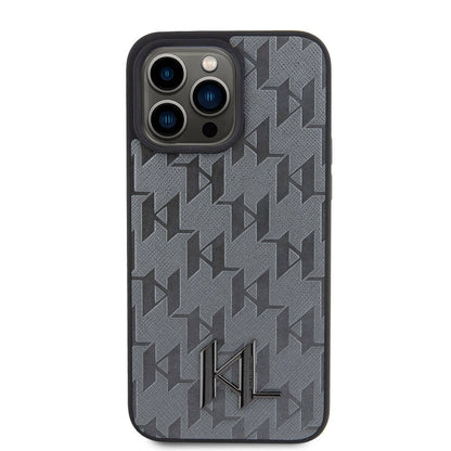 Apple iPhone 15 Pro Max Kılıf Karl Lagerfeld Hot Stamp K&L Metal Logo Orjinal Lisanslı Kapak Gri