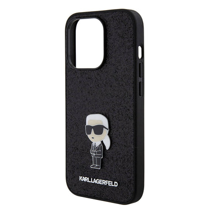 Apple iPhone 15 Pro Max Kılıf Karl Lagerfeld İkonik Fixed Glitter Metal Logo Orjinal Lisanslı Kapak Siyah