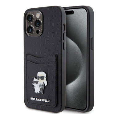 Apple iPhone 15 Pro Max Kılıf Karl Lagerfeld Kartlıklı Metal Logo Orjinal Lisanslı Kapak Siyah