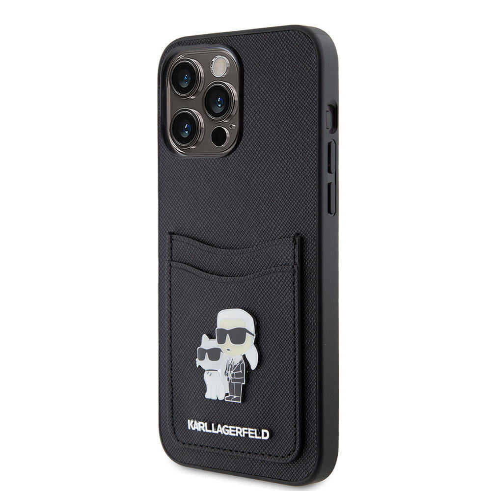 Apple iPhone 15 Pro Max Kılıf Karl Lagerfeld Kartlıklı Metal Logo Orjinal Lisanslı Kapak Siyah