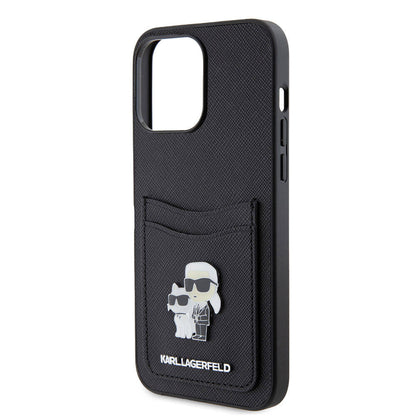 Apple iPhone 15 Pro Max Kılıf Karl Lagerfeld Kartlıklı Metal Logo Orjinal Lisanslı Kapak Siyah