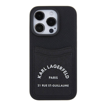 Apple iPhone 15 Pro Max Kılıf Karl Lagerfeld Kartlıklı Saffiano 3D RSG Logo Orjinal Lisanslı Kapak Siyah