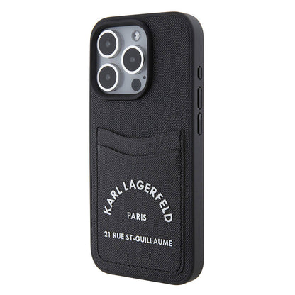 Apple iPhone 15 Pro Max Kılıf Karl Lagerfeld Kartlıklı Saffiano 3D RSG Logo Orjinal Lisanslı Kapak Siyah