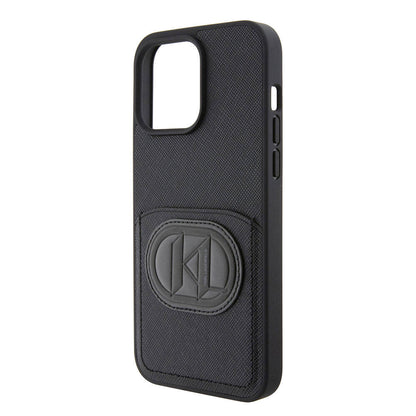 Apple iPhone 15 Pro Max Kılıf Karl Lagerfeld Kartlıklı Saffiano K&L Patch Orjinal Lisanslı Kapak Siyah
