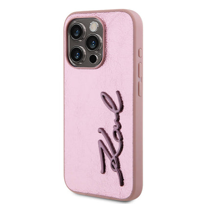 Apple iPhone 15 Pro Max Kılıf Karl Lagerfeld Orjinal Lisanslı 3D KL Yazılı Tüylü Arka Yüzey Saffiano Rhinestones Kapak Gold