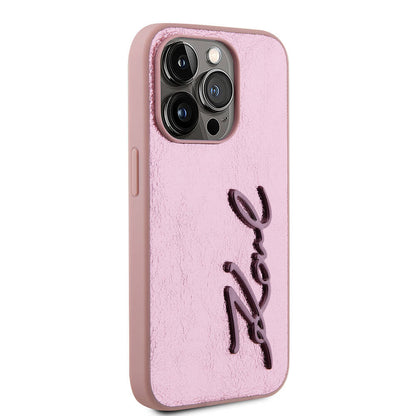 Apple iPhone 15 Pro Max Kılıf Karl Lagerfeld Orjinal Lisanslı 3D KL Yazılı Tüylü Arka Yüzey Saffiano Rhinestones Kapak Pembe