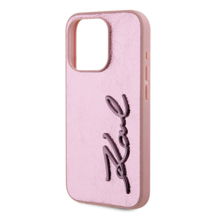 Apple iPhone 15 Pro Max Kılıf Karl Lagerfeld Orjinal Lisanslı 3D KL Yazılı Tüylü Arka Yüzey Saffiano Rhinestones Kapak Pembe