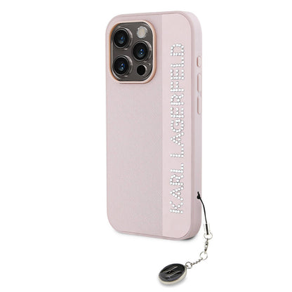 Apple iPhone 15 Pro Max Kılıf Karl Lagerfeld Orjinal Lisanslı Anahtarlıklı Taşlı KL Yazılı Saffiano Rhinestones Kapak Pembe
