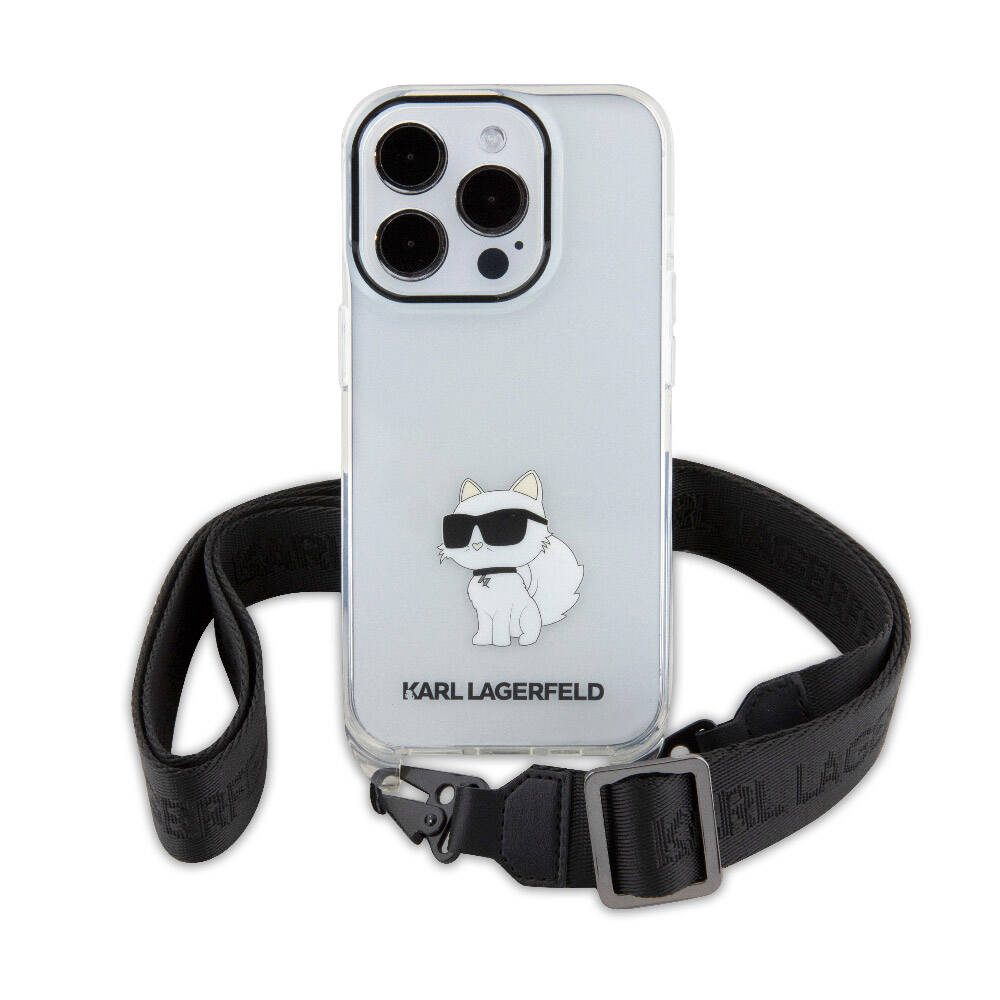 Apple iPhone 15 Pro Max Kılıf Karl Lagerfeld Orjinal Lisanslı Boyun Askılı Choupette İkonik Crossbody Kapak Renksiz