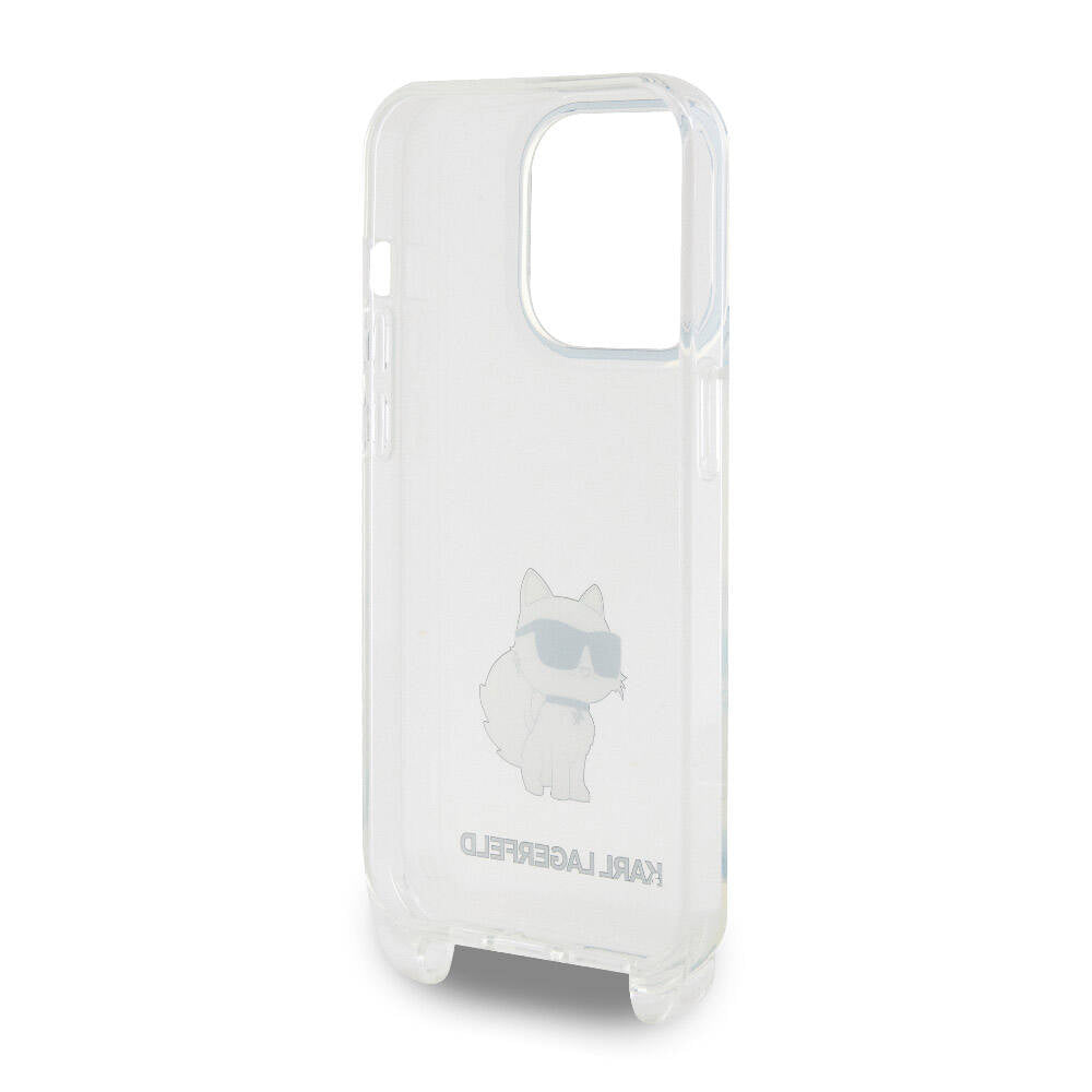 Apple iPhone 15 Pro Max Kılıf Karl Lagerfeld Orjinal Lisanslı Boyun Askılı Choupette İkonik Crossbody Kapak Renksiz