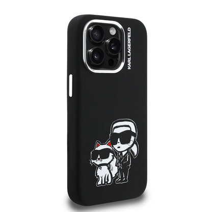Apple iPhone 15 Pro Max Kılıf Karl Lagerfeld Orjinal Lisanslı Karl & Choupette Sketch Logo Sililkon Kapak Siyah