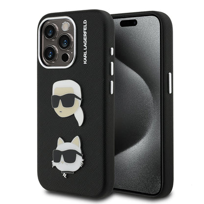 Apple iPhone 15 Pro Max Kılıf Karl Lagerfeld Orjinal Lisanslı K&C Heads Pin Kapak Siyah