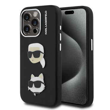 Apple iPhone 15 Pro Max Kılıf Karl Lagerfeld Orjinal Lisanslı K&C Heads Pin Kapak Gri