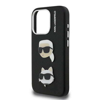 Apple iPhone 15 Pro Max Kılıf Karl Lagerfeld Orjinal Lisanslı K&C Heads Pin Kapak Siyah