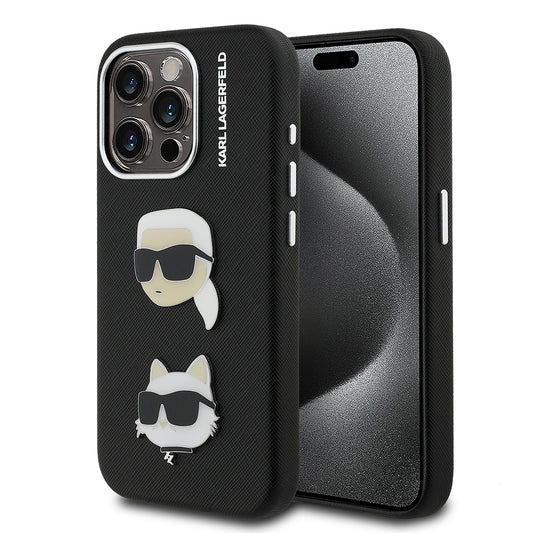 Apple iPhone 15 Pro Max Kılıf Karl Lagerfeld Orjinal Lisanslı K&C Heads Pin Kapak Siyah