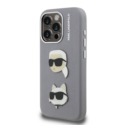 Apple iPhone 15 Pro Max Kılıf Karl Lagerfeld Orjinal Lisanslı K&C Heads Pin Kapak Siyah