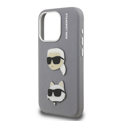 Apple iPhone 15 Pro Max Kılıf Karl Lagerfeld Orjinal Lisanslı K&C Heads Pin Kapak Gri