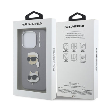 Apple iPhone 15 Pro Max Kılıf Karl Lagerfeld Orjinal Lisanslı K&C Heads Pin Kapak Gri