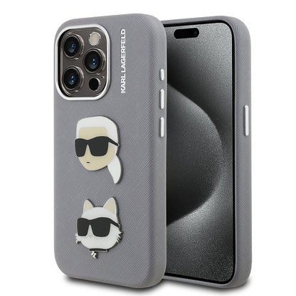 Apple iPhone 15 Pro Max Kılıf Karl Lagerfeld Orjinal Lisanslı K&C Heads Pin Kapak Gri
