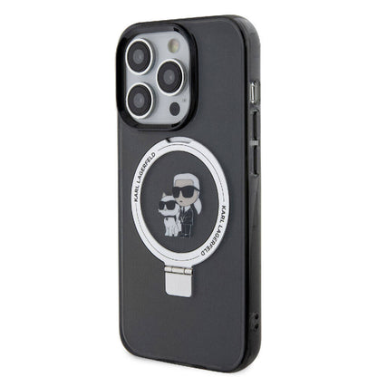 Apple iPhone 15 Pro Max Kılıf Karl Lagerfeld Orjinal Lisanslı M-safe Şarj Özellikli K&C İkonik Baskılı Ring Standlı Kapak Siyah