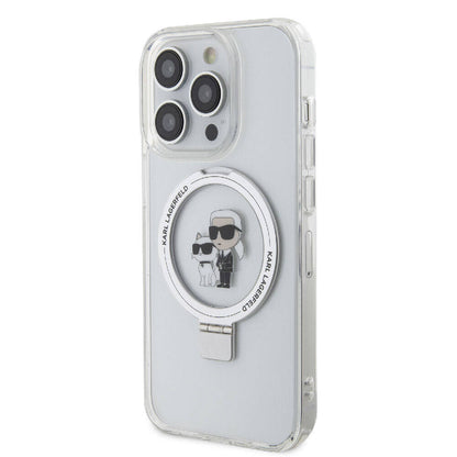 Apple iPhone 15 Pro Max Kılıf Karl Lagerfeld Orjinal Lisanslı M-safe Şarj Özellikli K&C İkonik Baskılı Ring Standlı Kapak Beyaz