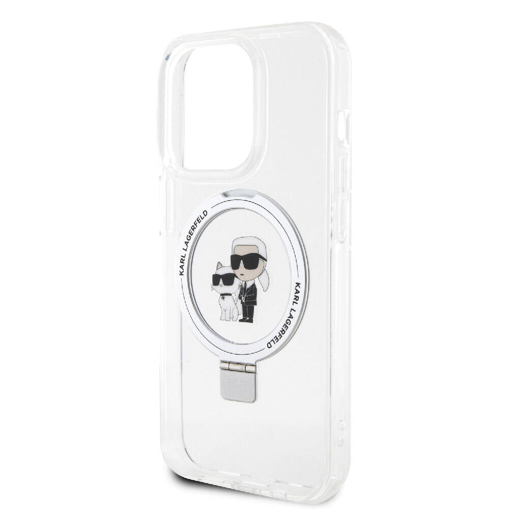Apple iPhone 15 Pro Max Kılıf Karl Lagerfeld Orjinal Lisanslı M-safe Şarj Özellikli K&C İkonik Baskılı Ring Standlı Kapak Beyaz
