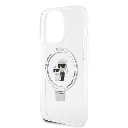 Apple iPhone 15 Pro Max Kılıf Karl Lagerfeld Orjinal Lisanslı M-safe Şarj Özellikli K&C İkonik Baskılı Ring Standlı Kapak Beyaz