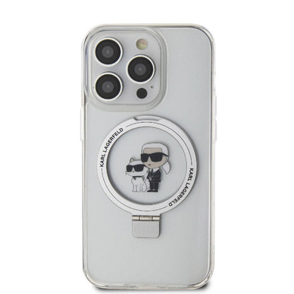 Apple iPhone 15 Pro Max Kılıf Karl Lagerfeld Orjinal Lisanslı M-safe Şarj Özellikli K&C İkonik Baskılı Ring Standlı Kapak Beyaz
