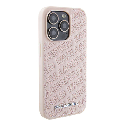 Apple iPhone 15 Pro Max Kılıf Karl Lagerfeld Orjinal Lisanslı Metal Yazı Logolu Dikişli Logo Arka Yüzey Kapitone Kapak Pembe