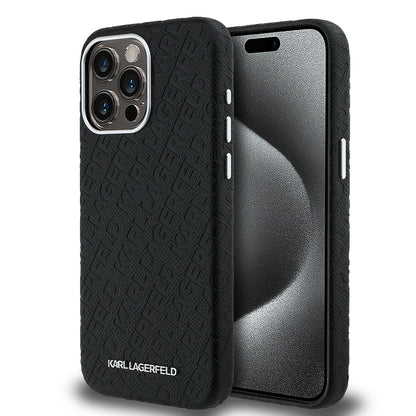 Apple iPhone 15 Pro Max Kılıf Karl Lagerfeld Orjinal Lisanslı PU Deri Damgalı Metal Yazı Logolu Kapak Siyah