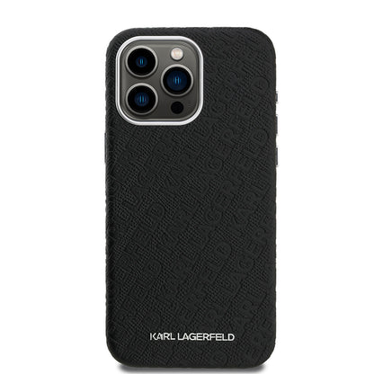 Apple iPhone 15 Pro Max Kılıf Karl Lagerfeld Orjinal Lisanslı PU Deri Damgalı Metal Yazı Logolu Kapak Siyah