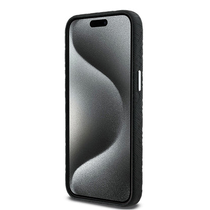 Apple iPhone 15 Pro Max Kılıf Karl Lagerfeld Orjinal Lisanslı PU Deri Damgalı Metal Yazı Logolu Kapak Siyah