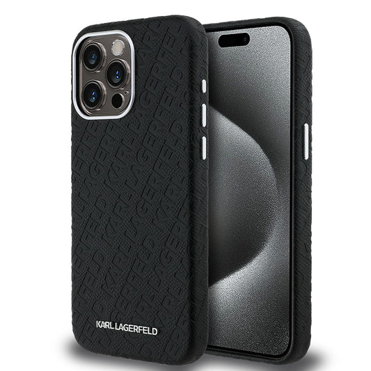 Apple iPhone 15 Pro Max Kılıf Karl Lagerfeld Orjinal Lisanslı PU Deri Damgalı Metal Yazı Logolu Kapak Siyah