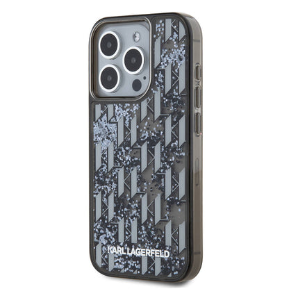 Apple iPhone 15 Pro Max Kılıf Karl Lagerfeld Orjinal Lisanslı Simli KL Yazılı Monogram Gradıent Kapak Siyah